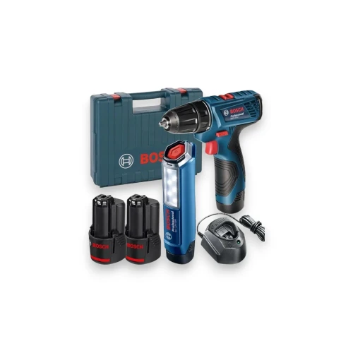 Bosch GSR 120-LI wiertarko-wkrętarka 12 V 30 Nm z lampą GLI 12V-300, 2 akumulatorami 2,0 Ah i walizką-Photoroom.webp