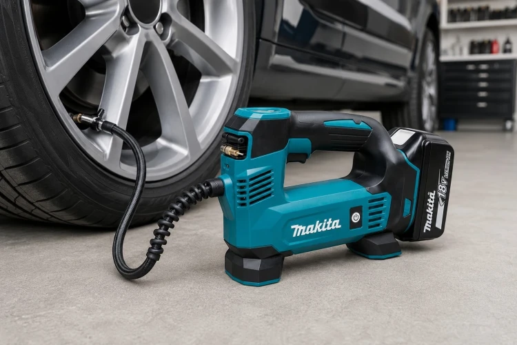 Makita DMP180Z podczas pompowania opony samochodowej
