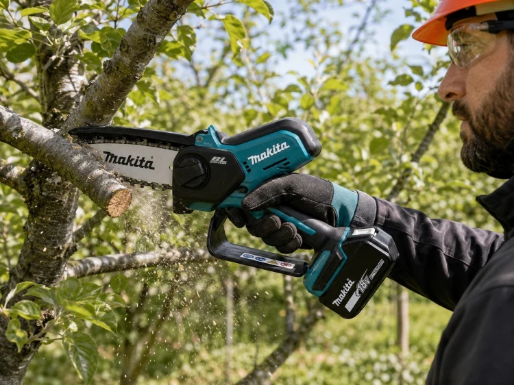 Makita DUC150 podczas przycinania gałęzi drzewa w ogrodzie