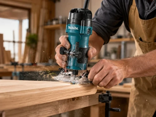 Frezarka Makita 3712 podczas fazowania drewnianej krawędzi