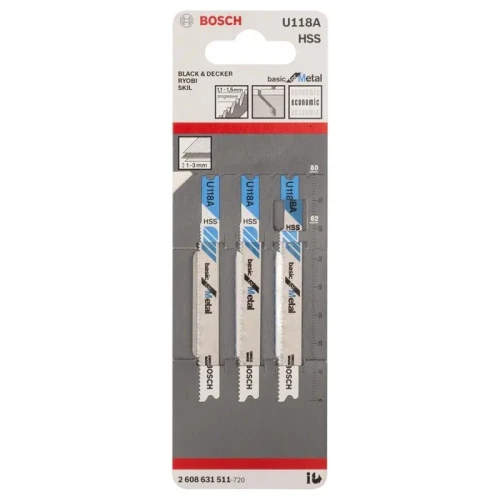 Bosch U118A Basic for Metal brzeszczoty do wyrzynarki do cienkiej blachy 80 mm 3 sztuki