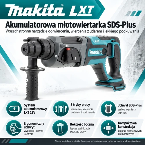 Infografika Makita DHR241Z – akumulatorowa młotowiertarka SDS-Plus 18V LXT z 3 trybami pracy, rękojeścią boczną i ergonomicznym uchwytem..webp