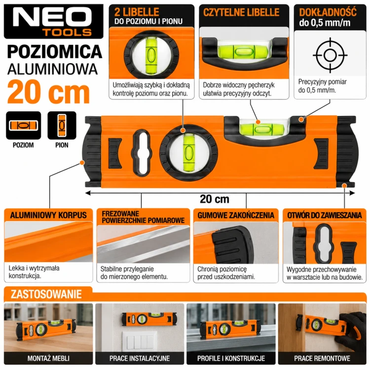 Infografika poziomicy aluminiowej NEO 20 cm.png
