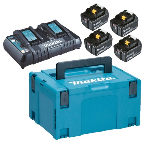 Cztery akumulatory Makita BL1850B 18 V 5 Ah z ładowarką DC18RD