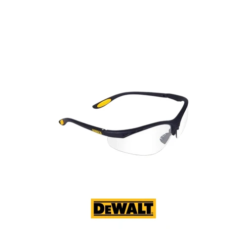 DeWALT DPG58-1D Reinforcer Clear bezbarwne okulary ochronne BHP z czarną oprawką i gumowanymi zausznikami.-Photoroom.webp