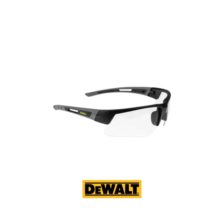 DeWALT DPG100-1D Crosscut Clear okulary ochronne BHP z bezbarwnymi soczewkami panoramicznymi i czarnymi zausznikami.-Photoroom.webp