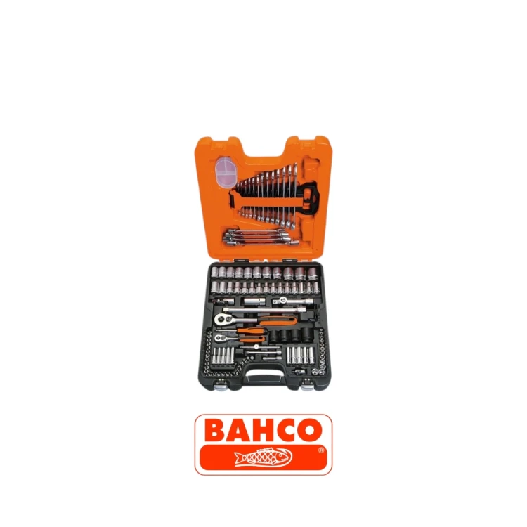 BAHCO S108 zestaw narzędzi 108 elementów z kluczami nasadowymi 1_4 i 1_2, grzechotkami oraz kluczami płasko-oczkowymi w walizce.-Photoroom.webp