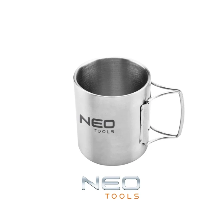 NEO TOOLS 63-150 kubek turystyczny stalowy 320 ml z podwójnymi ściankami i składanymi uchwytami.-Photoroom.webp