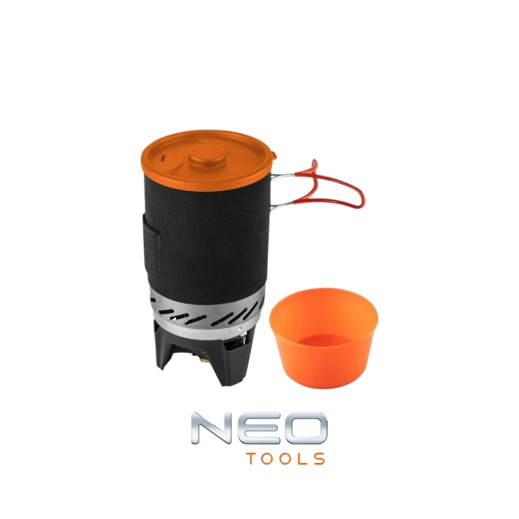 Kuchenka turystyczna NEO TOOLS 63-151 z garnkiem aluminiowym, palnikiem gazowym 2,2 kW i zapłonem PIEZO.-Photoroom.webp