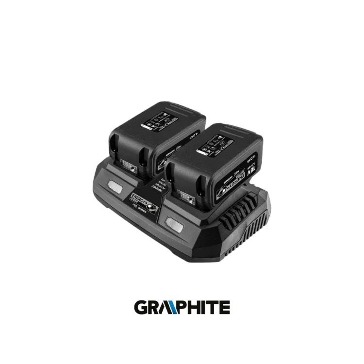 GRAPHITE Energy+ 58GE134 zestaw zasilający 18V z dwoma akumulatorami 4,0 Ah i podwójną ładowarką 3A.-Photoroom.webp
