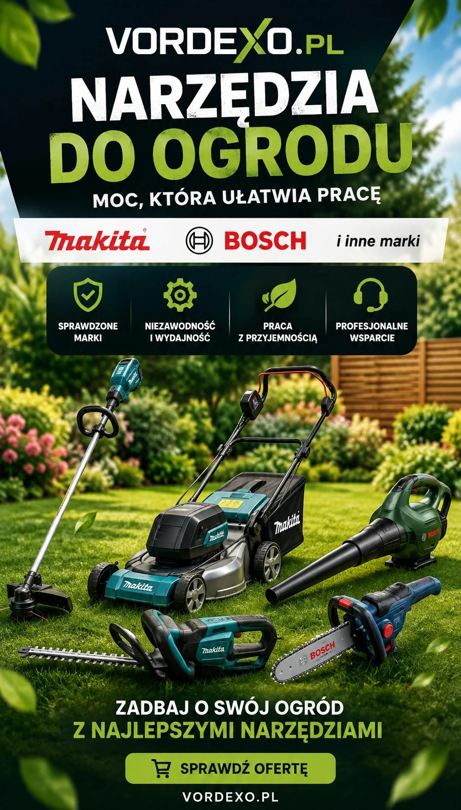 Narzędzia ogrodowe Makita i Bosch – kosiarka, podkaszarka, nożyce, dmuchawa i pilarka dostępne w sklepie Vordexo.pl