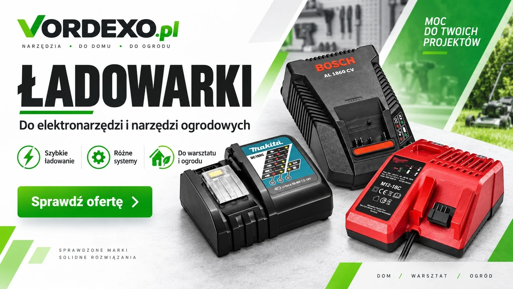 Ładowarki w Vordexo.pl – ładowarki do akumulatorów i elektronarzędzi Makita, Bosch i Milwaukee do systemów 12V, 18V i innych platform akumulatorowych.