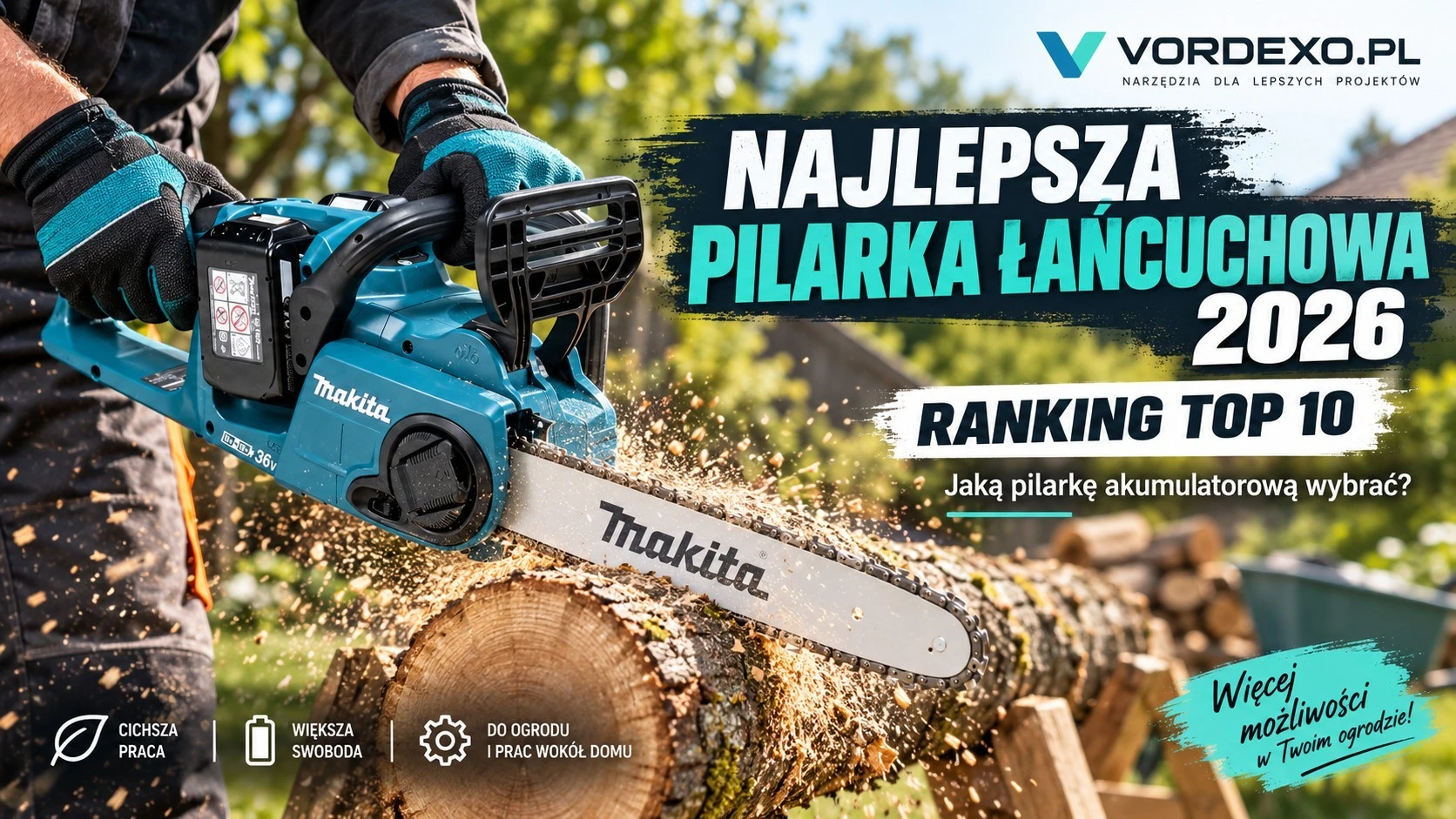 Alt obrazu: Makita pilarka łańcuchowa akumulatorowa podczas cięcia drewna – ranking najlepszych pilarek 2026 Vordexo.pl