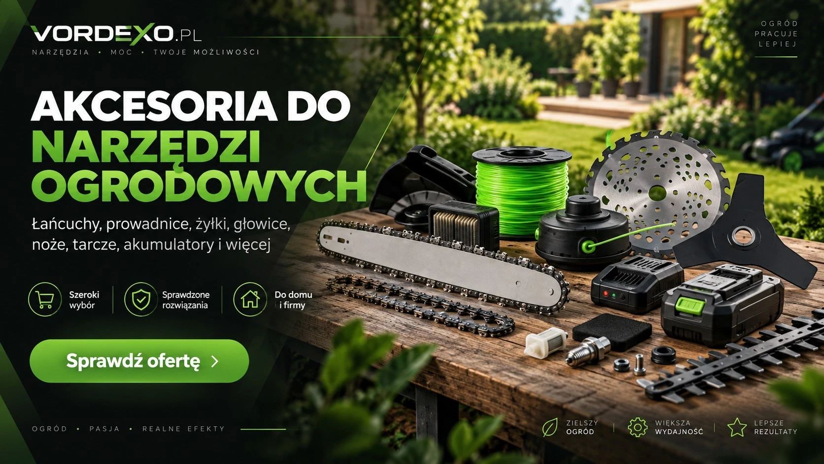 Baner kategorii Akcesoria do narzędzi ogrodowych w Vordexo.pl – łańcuchy, prowadnice, żyłki, głowice, noże, tarcze, akumulatory i osprzęt ogrodowy.
