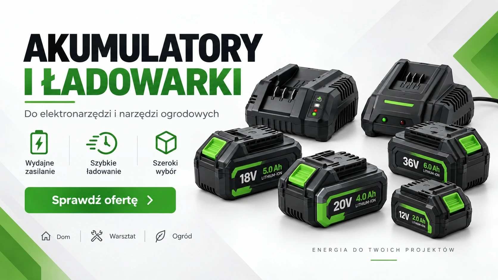 Baner kategorii Akumulatory i ładowarki w Vordexo.pl – baterie 12V, 18V, 20V i 36V oraz szybkie ładowarki do elektronarzędzi i narzędzi ogrodowych.