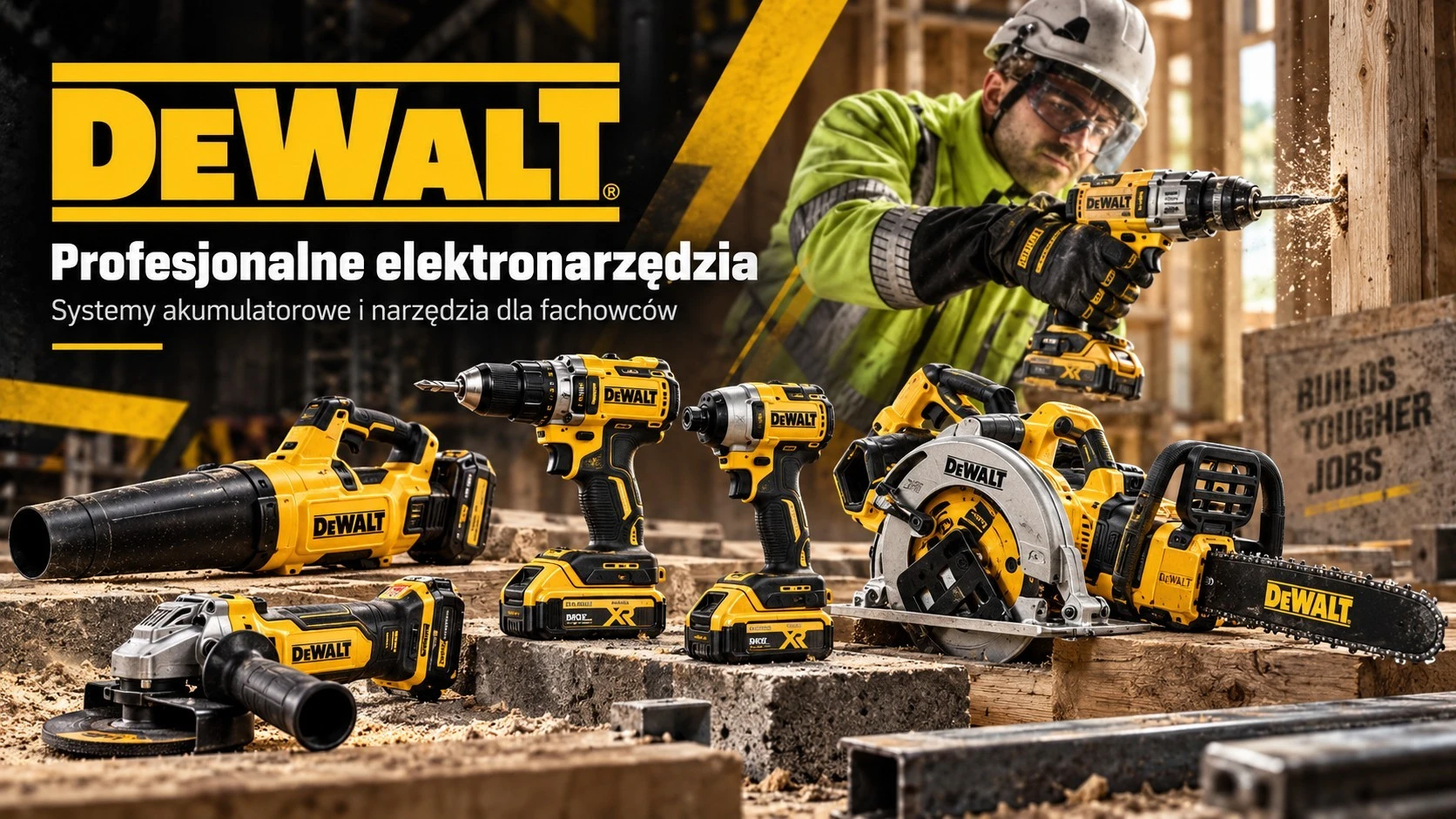 Baner kategorii DeWalt – profesjonalne elektronarzędzia akumulatorowe, wiertarko-wkrętarki, szlifierki, pilarki i narzędzia budowlane DeWalt.