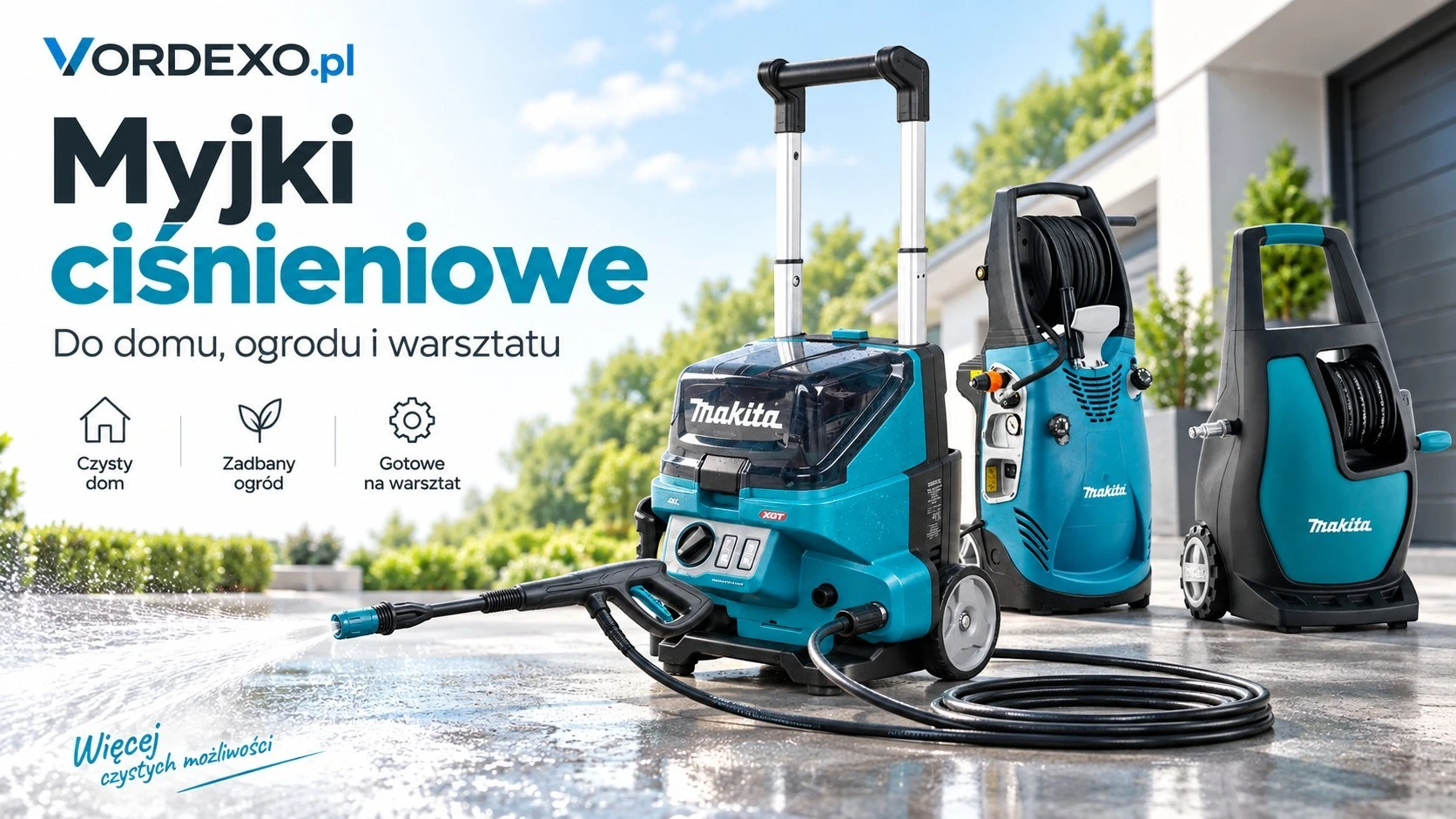Baner kategorii Myjki ciśnieniowe w Vordexo.pl – myjki Makita do domu, ogrodu i warsztatu, do czyszczenia kostki, tarasu, samochodu i powierzchni zewnętrznych.