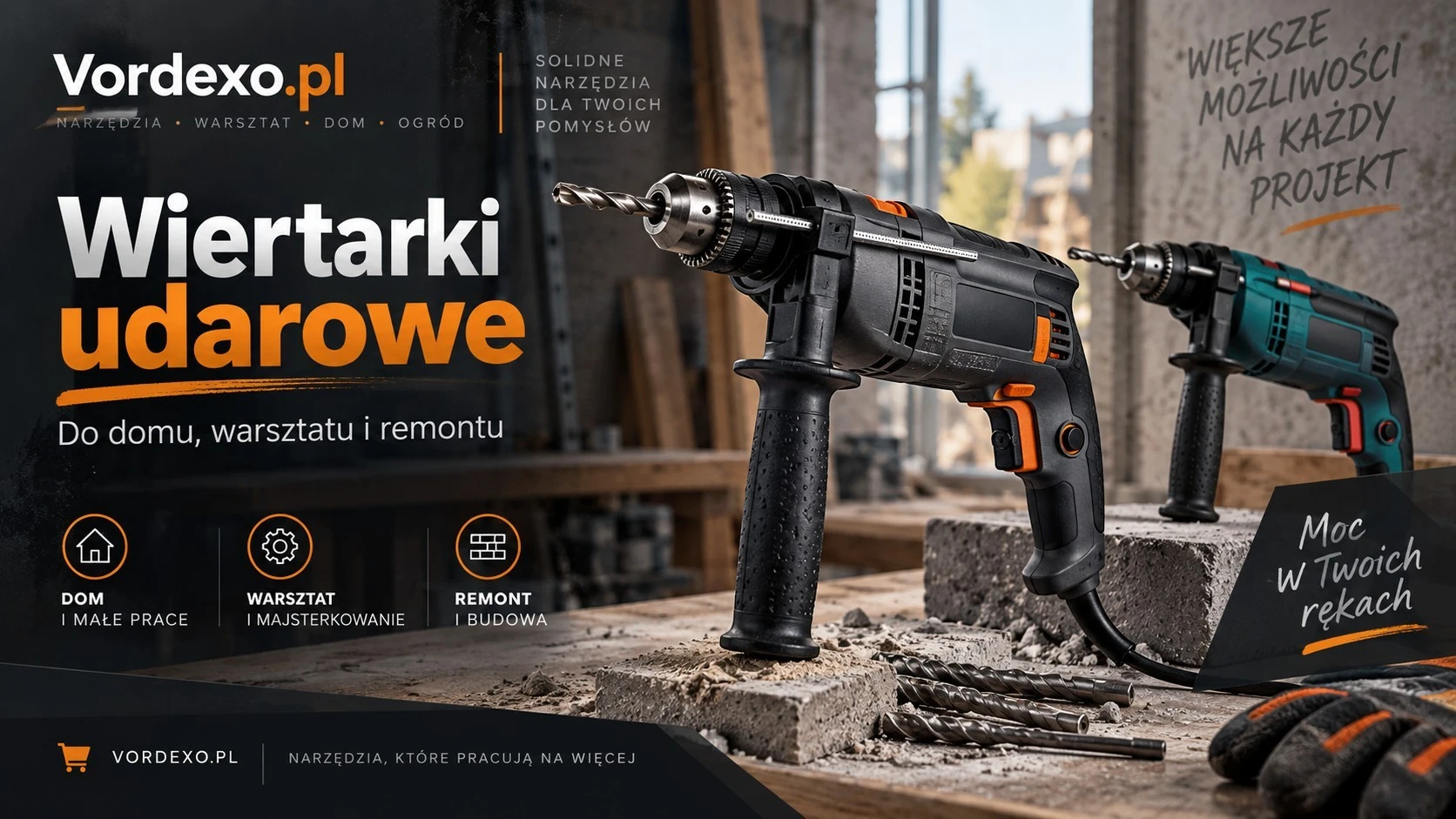 Baner kategorii Wiertarki udarowe w Vordexo.pl – elektryczne wiertarki udarowe do domu, warsztatu, remontu i wiercenia w cegle, betonie, drewnie oraz metalu.