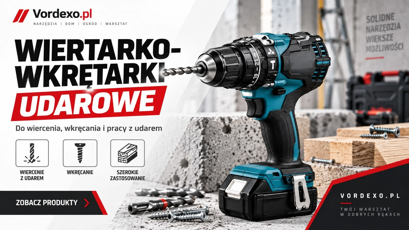 Baner kategorii Wiertarko-wkrętarki udarowe w Vordexo.pl – akumulatorowa wiertarko-wkrętarka do wiercenia, wkręcania i pracy z udarem w drewnie, metalu oraz materiałach murowych.