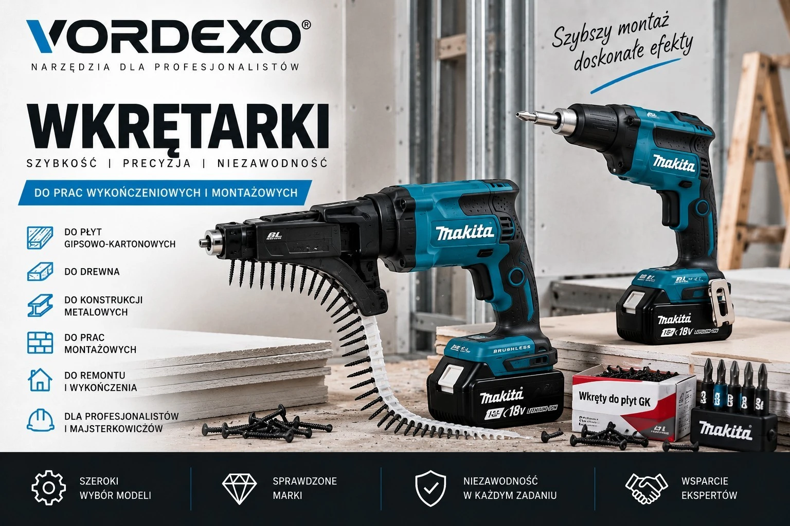 Baner kategorii Wkrętarki w sklepie Vordexo.pl przedstawiający akumulatorowe wkrętarki Makita do prac montażowych i wykończeniowych, w tym model z magazynkiem do płyt gipsowo-kartonowych.