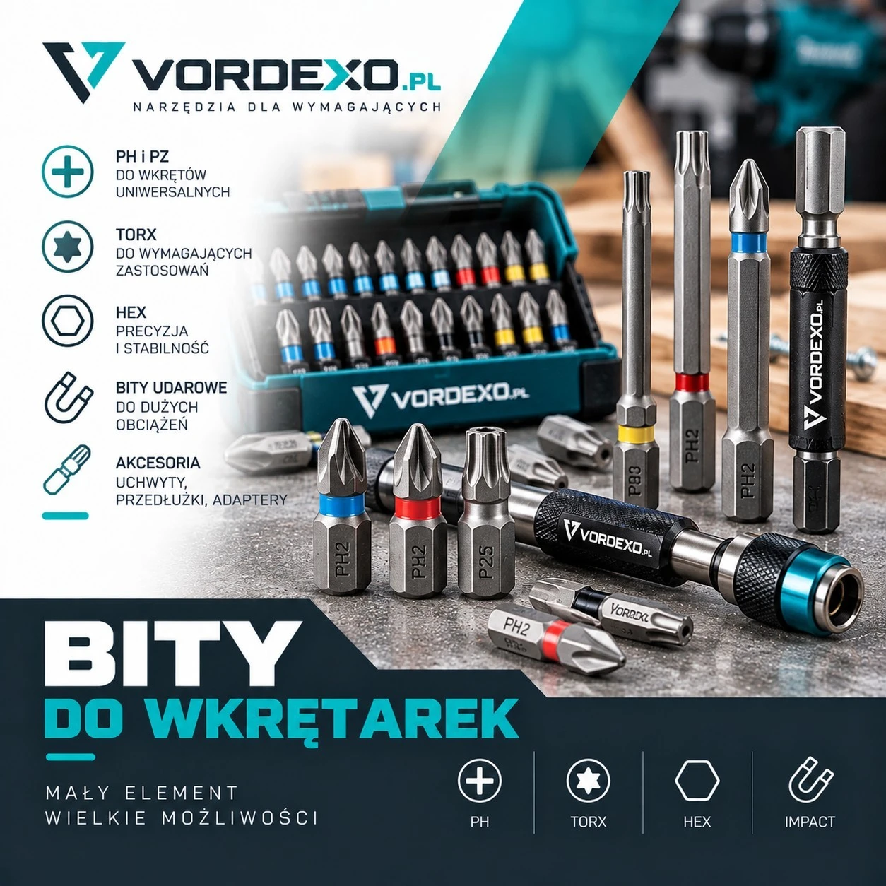 Bity do wkrętarek i zakrętarek – końcówki PH, PZ, TORX, HEX i bity udarowe w VORDEXO.PL