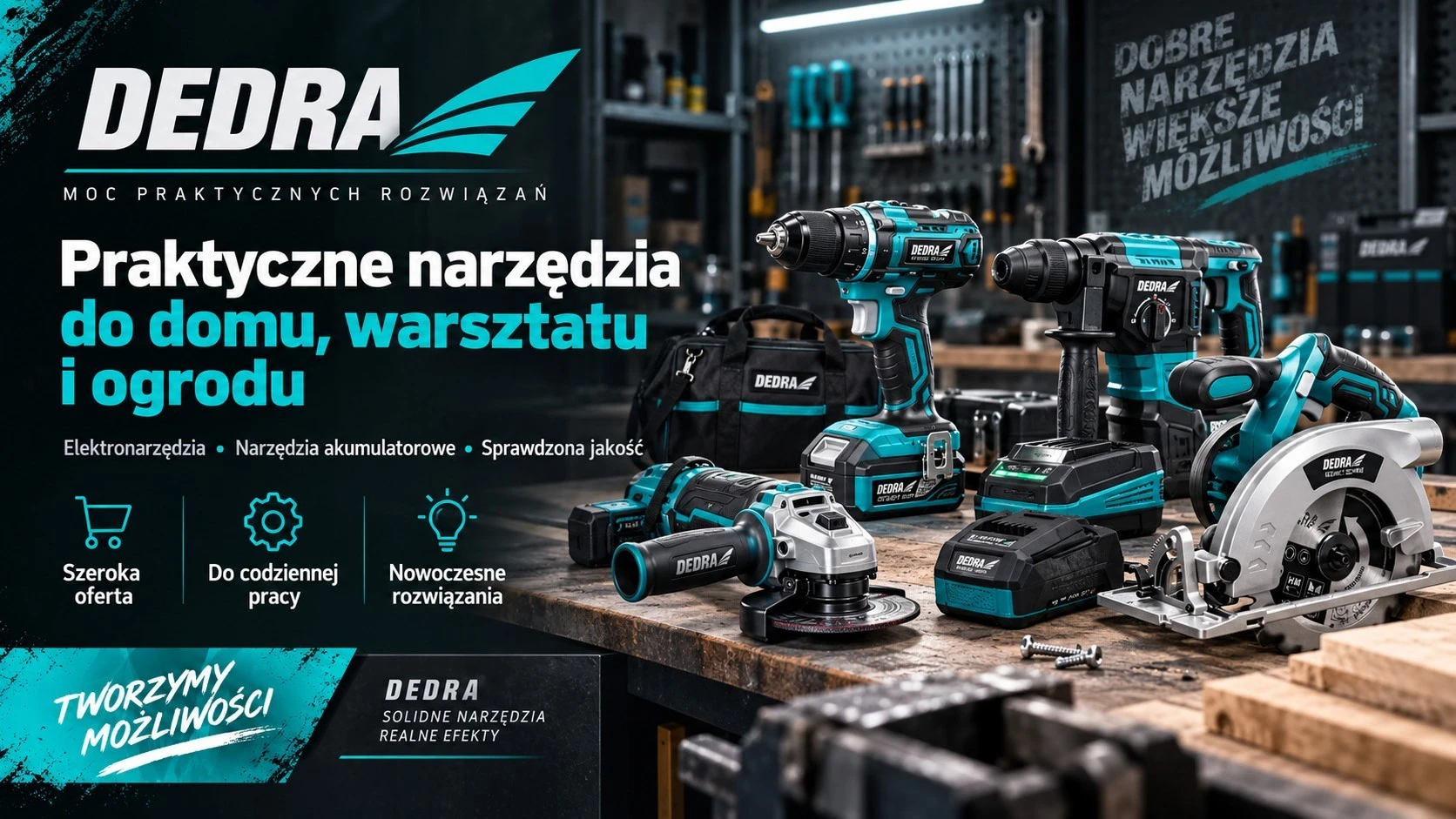 Dedra – elektronarzędzia i narzędzia akumulatorowe do domu, warsztatu i ogrodu, w tym wiertarko-wkrętarka, młotowiertarka, szlifierka i pilarka