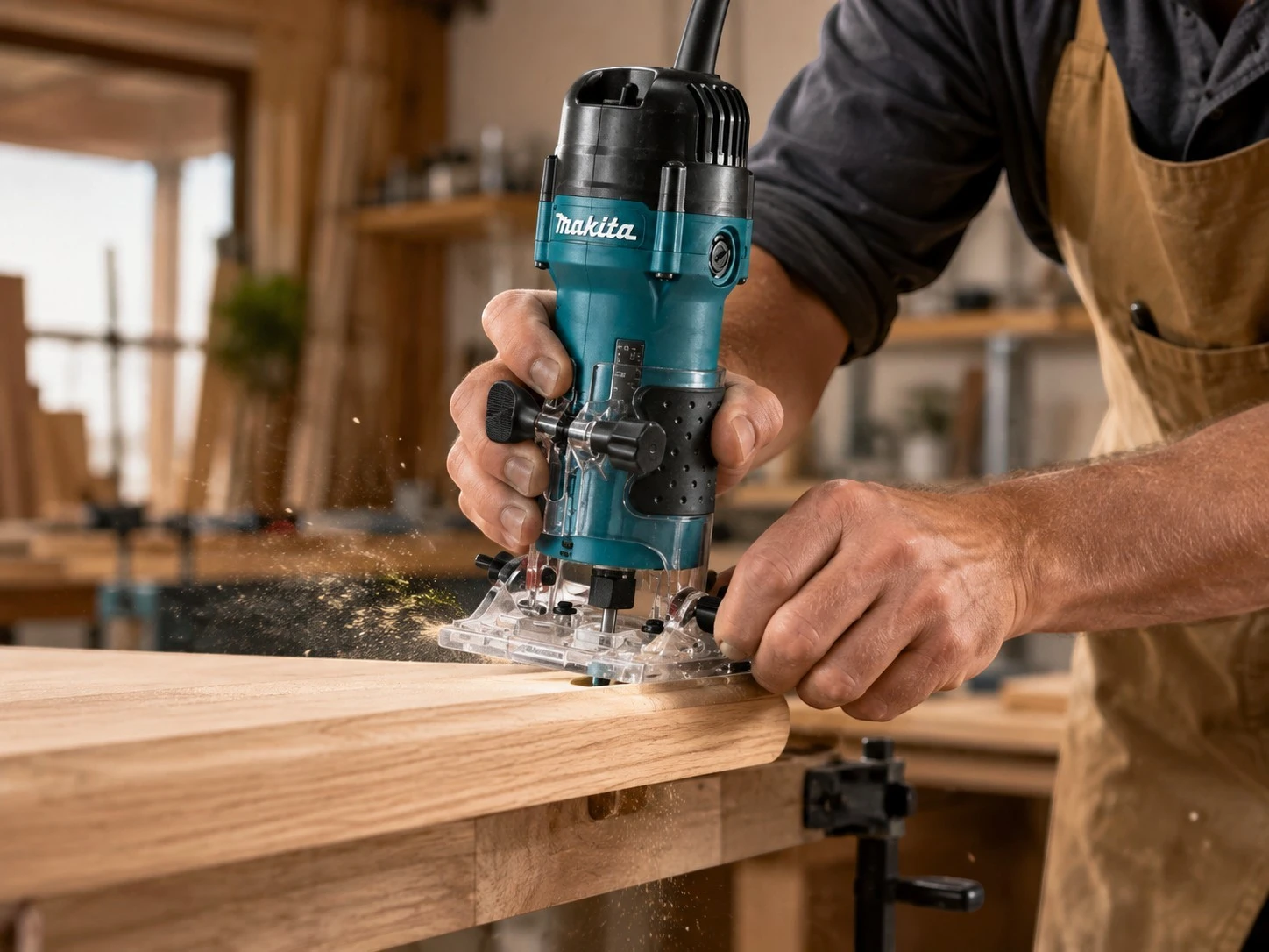 Frezarka Makita 3712 podczas fazowania drewnianej krawędzi