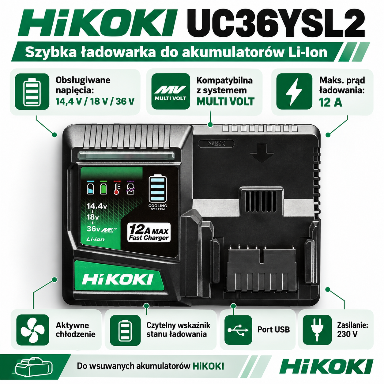 HiKOKI UC36YSL2 szybka ładowarka 12 A do akumulatorów 14,4 V 18 V 36 V MULTI VOLT