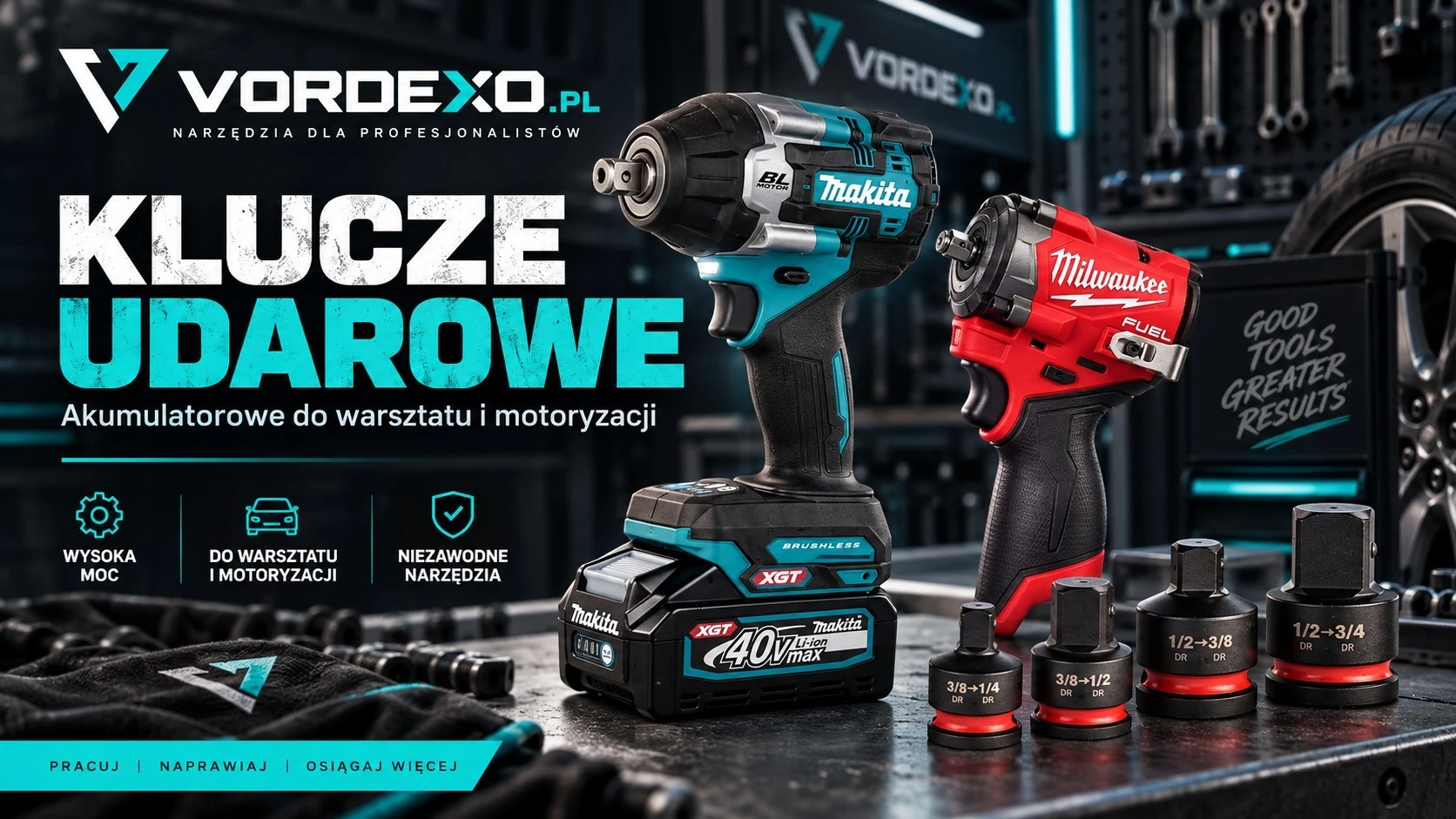 Klucze udarowe akumulatorowe Makita i Milwaukee z adapterami do nasadek – Vordexo.pl