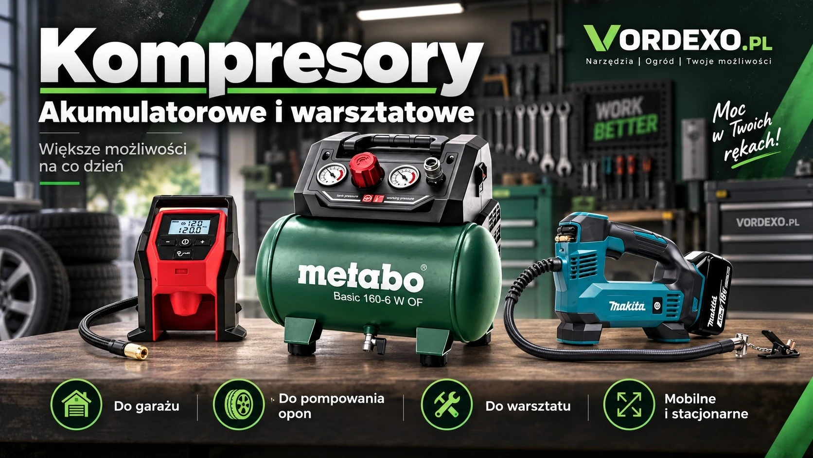 Kompresory akumulatorowe i warsztatowe do garażu, pompowania opon i prac serwisowych – Metabo, Makita i Milwaukee w Vordexo.pl.