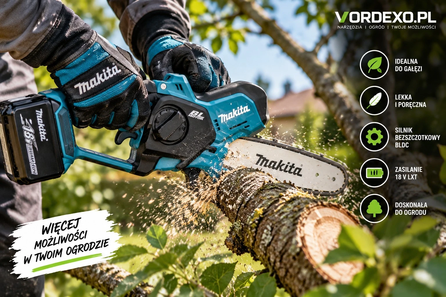 Makita DUC101 podczas przycinania gałęzi w ogrodzie – akumulatorowa mini pilarka 18 V LXT z silnikiem bezszczotkowym.