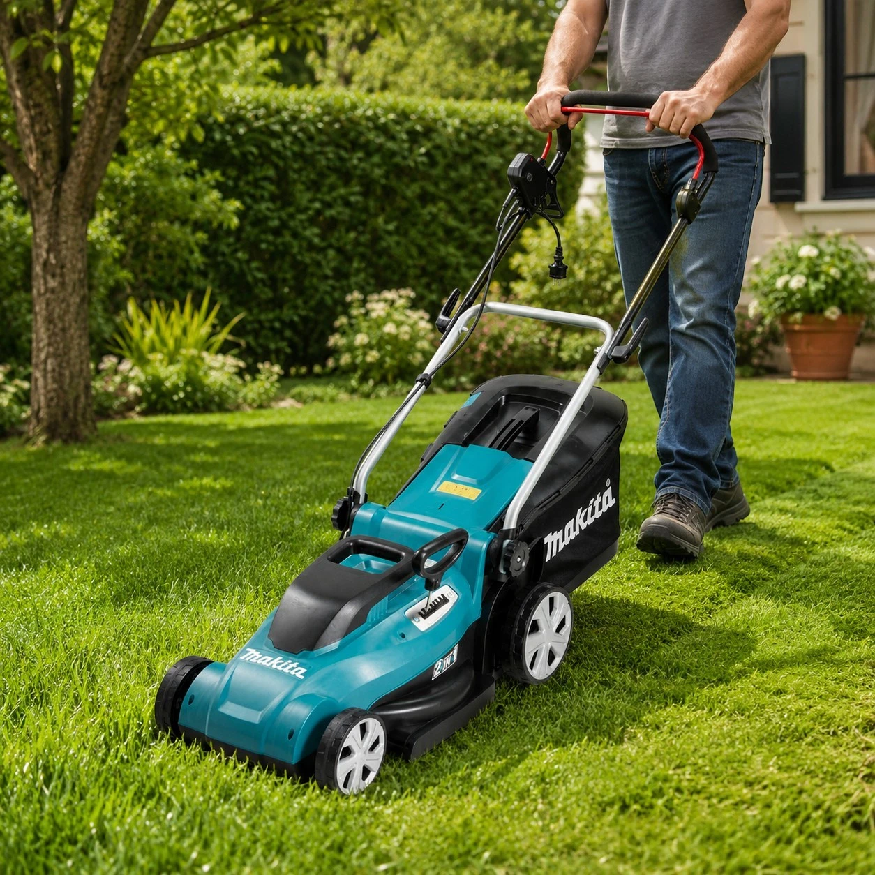 Makita ELM4120 podczas koszenia przydomowego trawnika