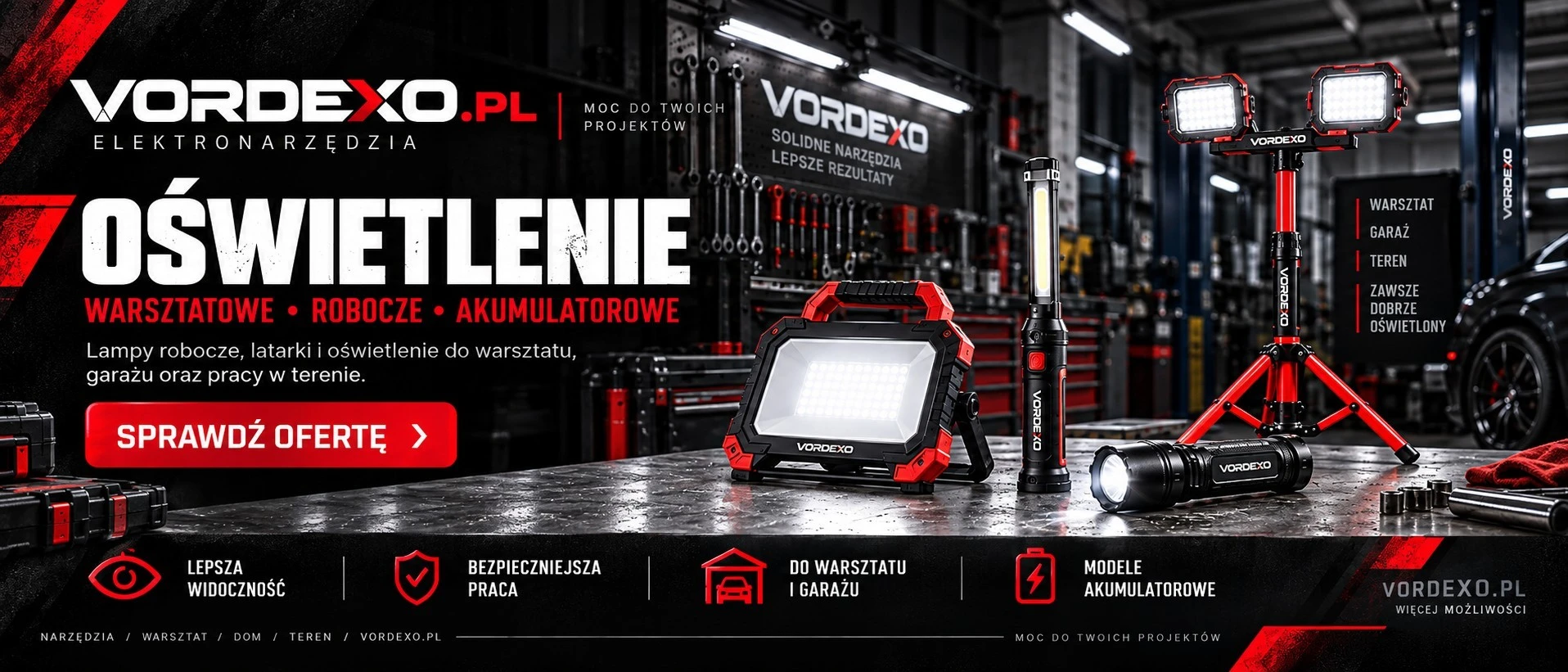 Oświetlenie warsztatowe i robocze Vordexo.pl – lampy LED, latarki oraz modele akumulatorowe do warsztatu, garażu i pracy w terenie