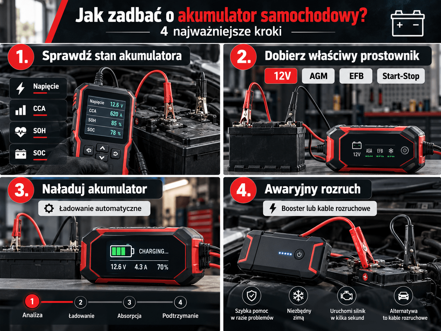Jak zadbać o akumulator samochodowy – sprawdzanie stanu, dobór prostownika, ładowanie i awaryjny rozruch boosterem