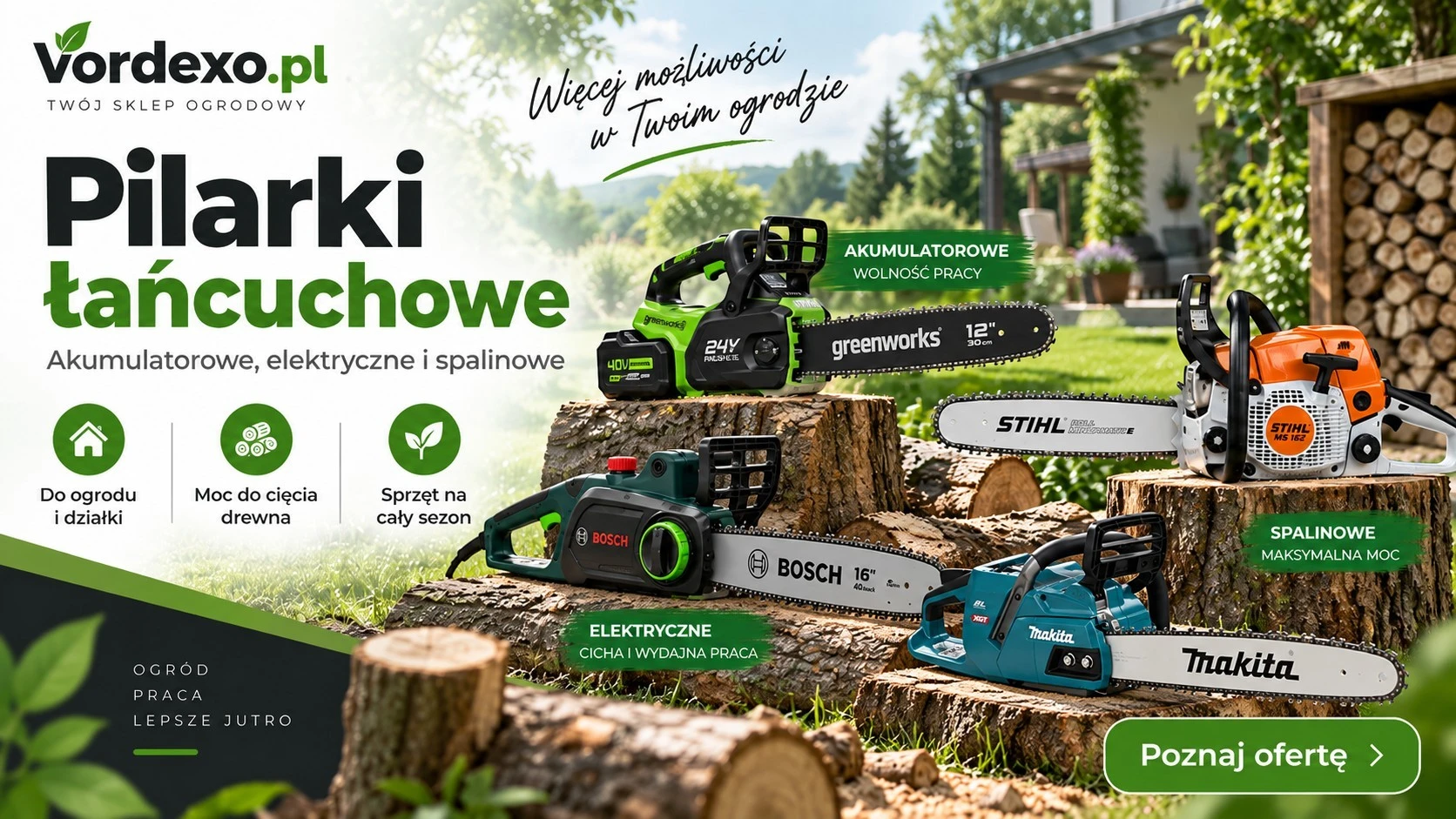 Pilarki łańcuchowe akumulatorowe, elektryczne i spalinowe do cięcia drewna i gałęzi, w tym Makita XGT 40 V – Vordexo.pl