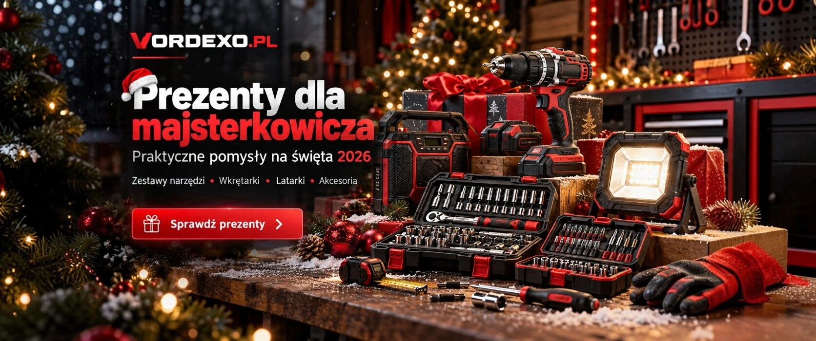 Prezenty dla majsterkowicza na Boże Narodzenie 2026. Zestawy narzędzi, wkrętarki, latarki warsztatowe i akcesoria w świątecznej aranżacji Vordexo.pl.