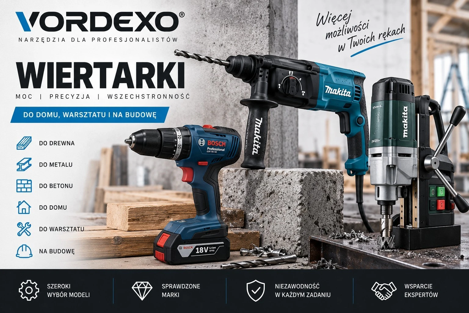 Wiertarki do drewna, metalu i betonu – modele akumulatorowe, udarowe i magnetyczne w kategorii Wiertarki Vordexo.pl