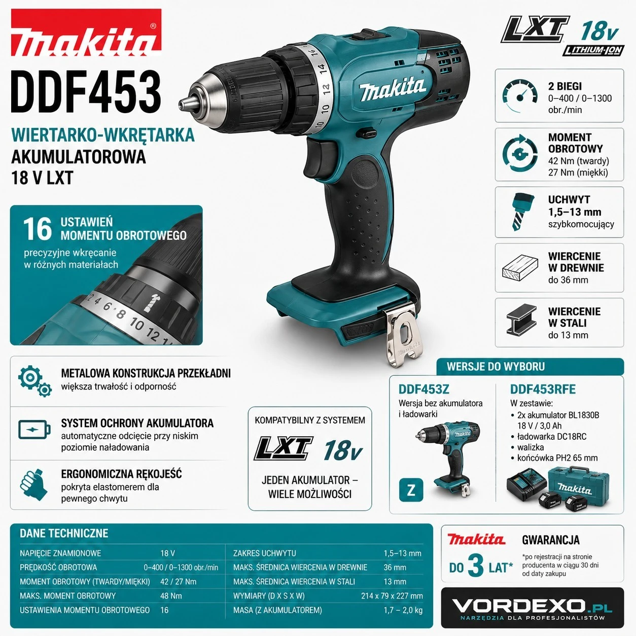Wiertarko-wkrętarka Makita DDF453 18 V z uchwytem 13 mm