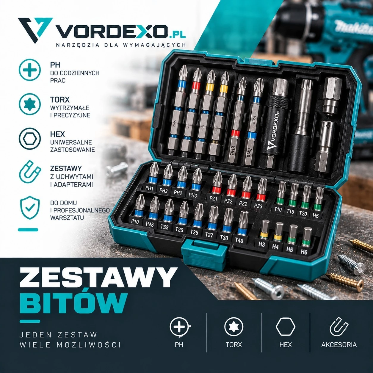 Zestawy bitów do wkrętarek i zakrętarek – PH, PZ, TORX, HEX i końcówki Impact w VORDEXO.PL