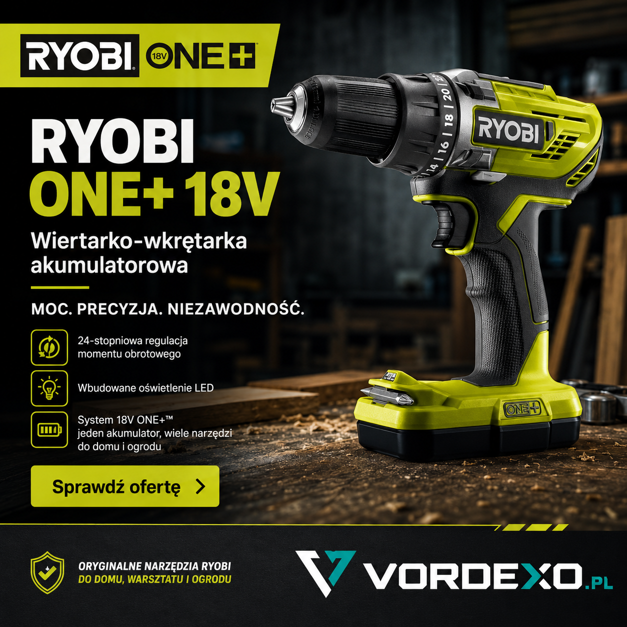 Wiertarko-wkrętarka RYOBI R18DD3-0 18 V z uchwytem 13 mm