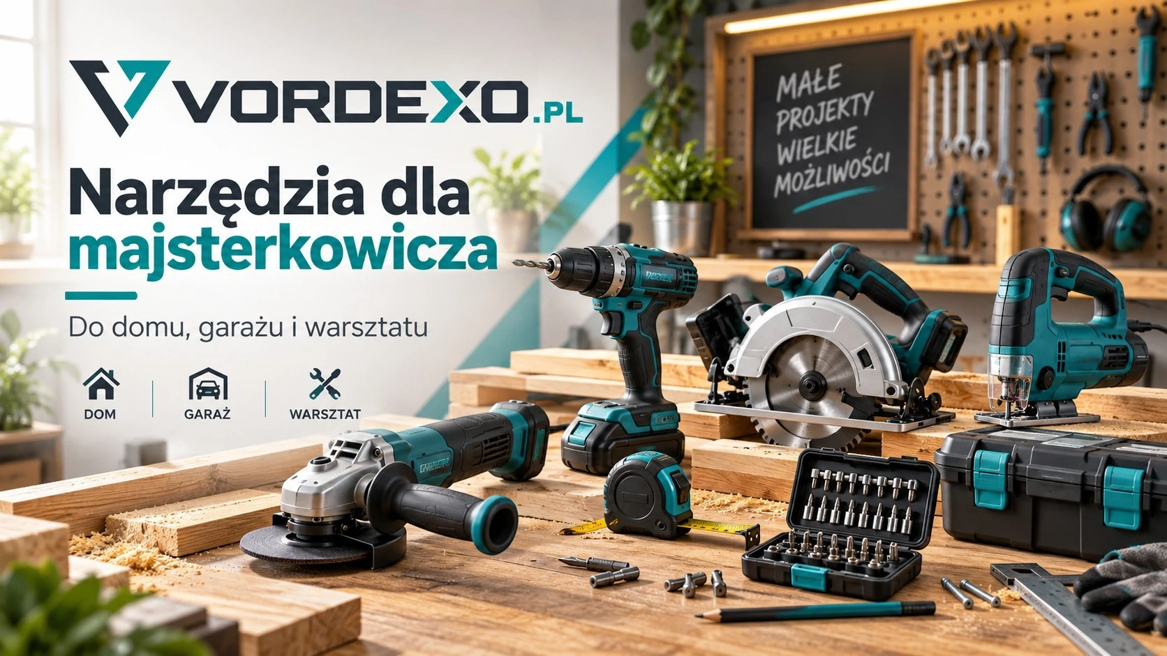 Narzędzia dla majsterkowicza – wiertarko-wkrętarka, pilarka tarczowa, wyrzynarka, szlifierka i zestaw bitów do domu, garażu i warsztatu | Vordexo.pl